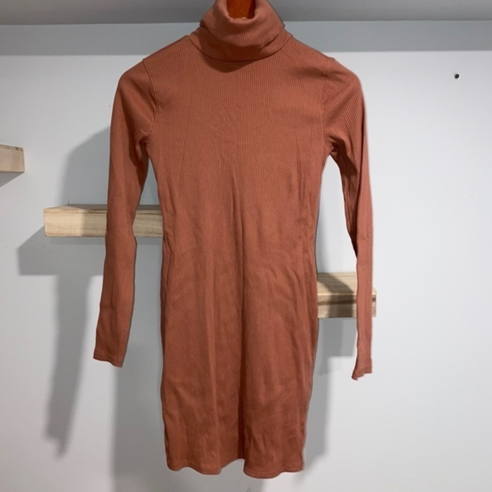 brown body con turtleneck dress